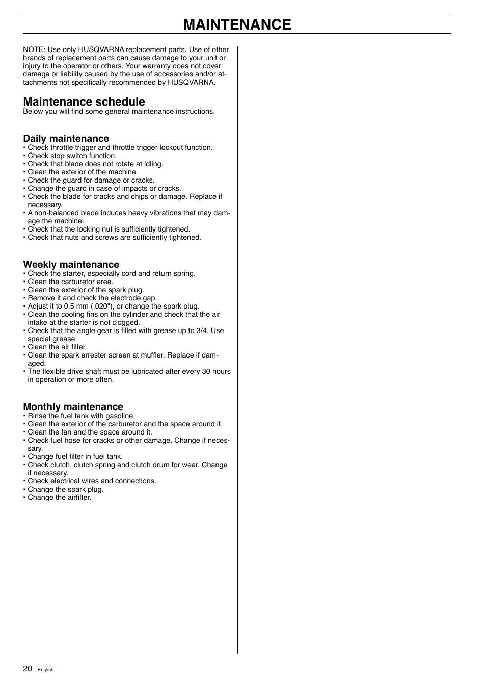 Maintenance, Maintenance schedule, Daily maintenance | Weekly maintenance, Monthly maintenance | Husqvarna 323E User Manual | Page 20 / 24