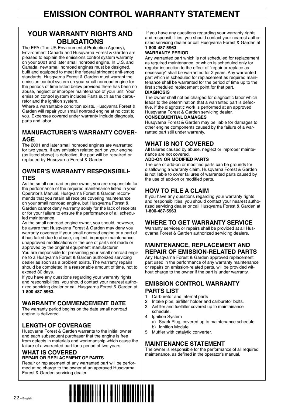 Emission control warranty statement, Z+hb)¶58, Your warranty rights and obligations | Husqvarna 323E User Manual | Page 22 / 24