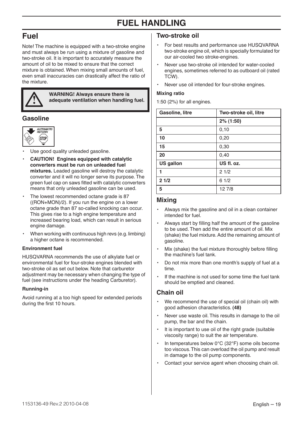 Fuel, Gasoline, Two-stroke oil | Mixing, Chain oil, Fuel handling | Husqvarna 1153136-49 User Manual | Page 19 / 100