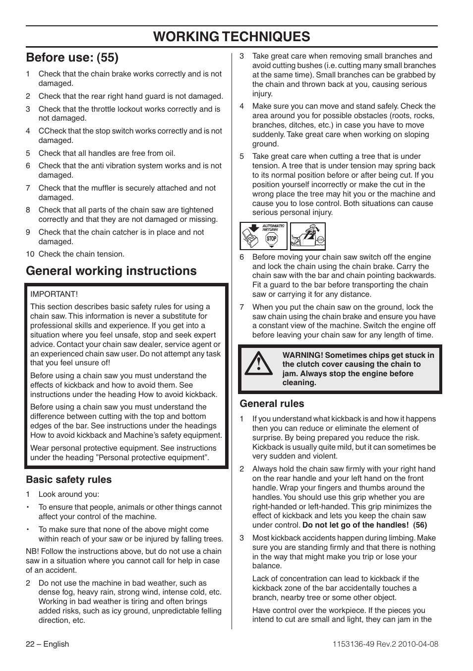 Before use: (55), General working instructions, Basic safety rules | General rules, Working techniques | Husqvarna 1153136-49 User Manual | Page 22 / 100