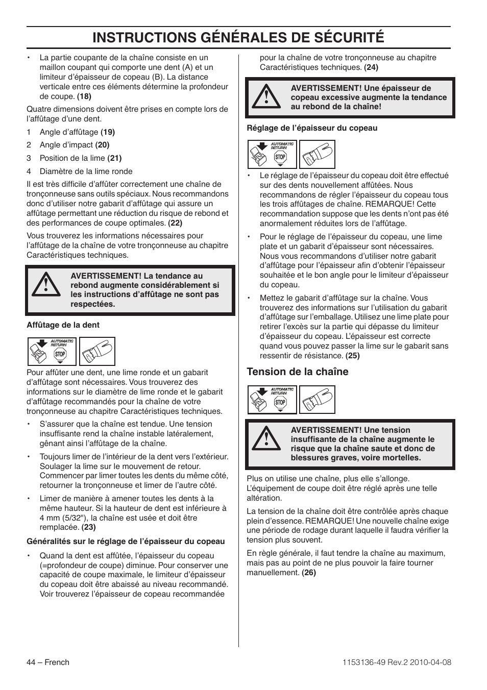 Tension de la chaîne, Instructions générales de sécurité | Husqvarna 1153136-49 User Manual | Page 44 / 100