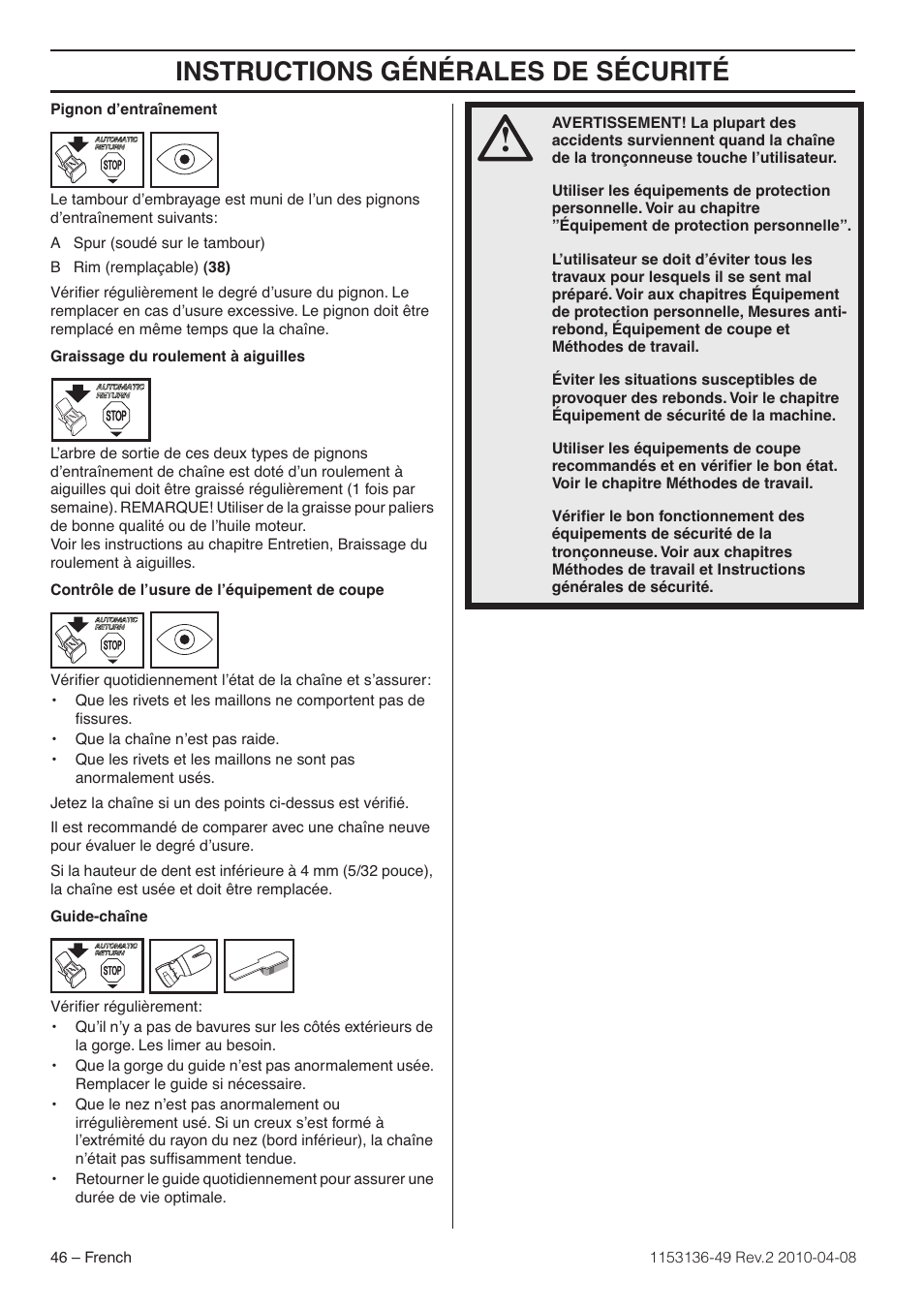 Instructions générales de sécurité | Husqvarna 1153136-49 User Manual | Page 46 / 100