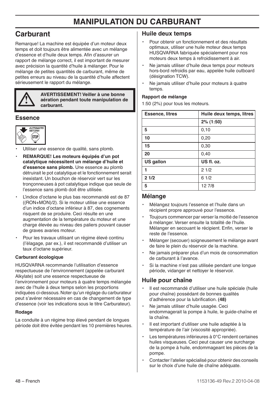 Carburant, Essence, Huile deux temps | Mélange, Huile pour chaîne, Manipulation du carburant | Husqvarna 1153136-49 User Manual | Page 48 / 100