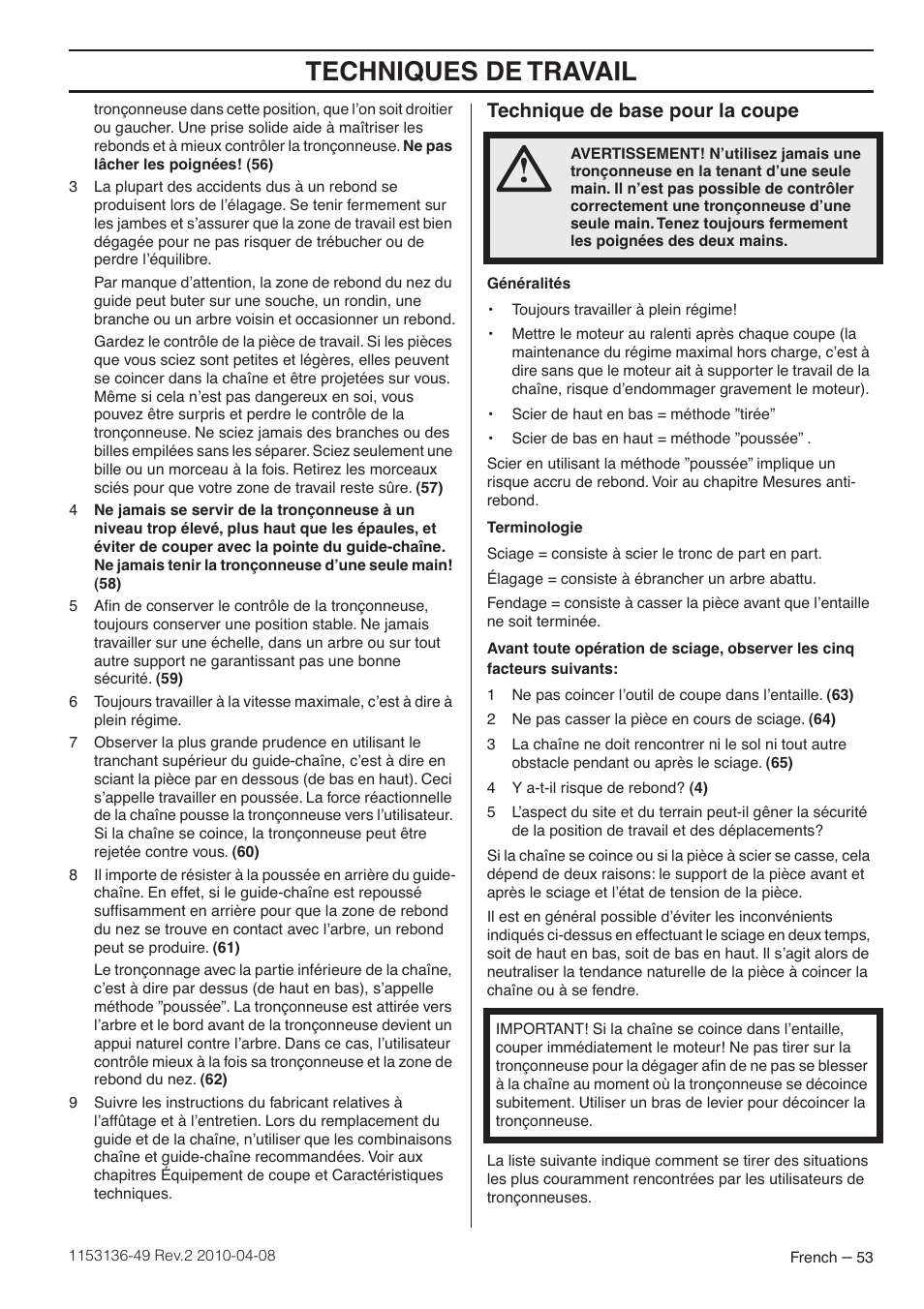 Technique de base pour la coupe, Techniques de travail | Husqvarna 1153136-49 User Manual | Page 53 / 100