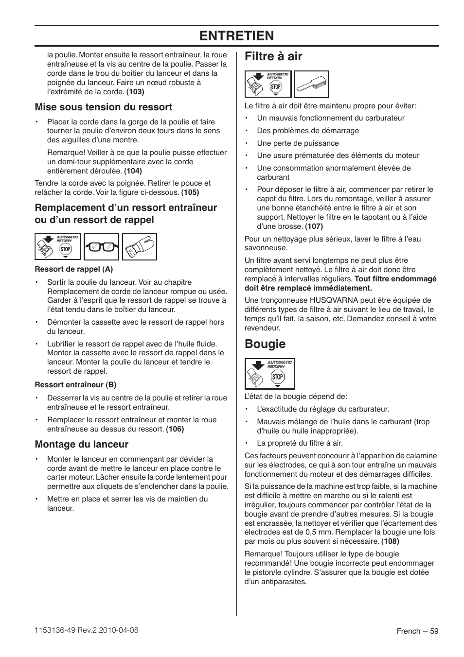 Mise sous tension du ressort, Montage du lanceur, Filtre à air | Bougie, Entretien | Husqvarna 1153136-49 User Manual | Page 59 / 100