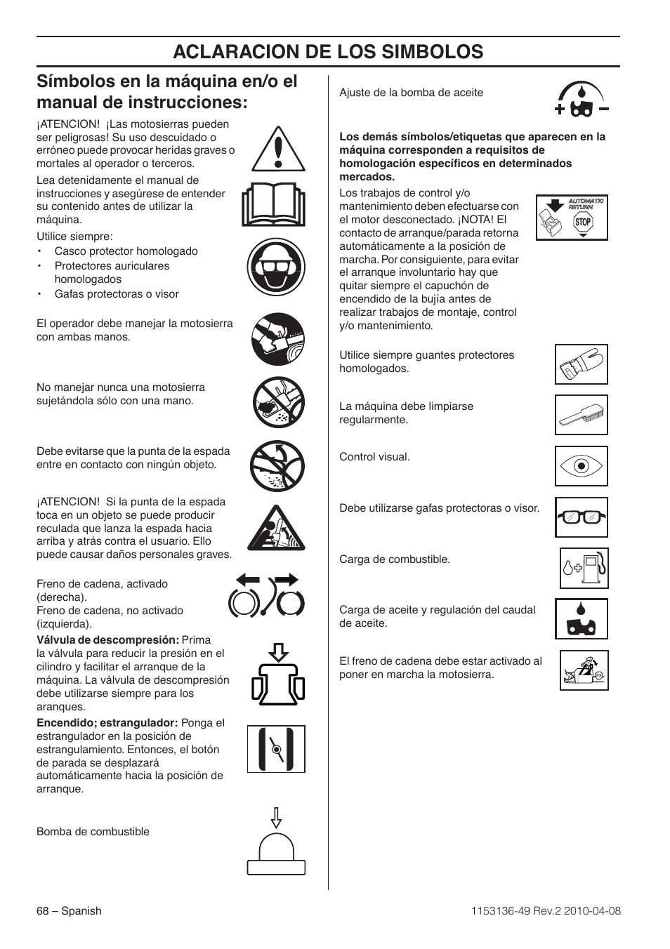 Aclaracion de los simbolos | Husqvarna 1153136-49 User Manual | Page 68 / 100