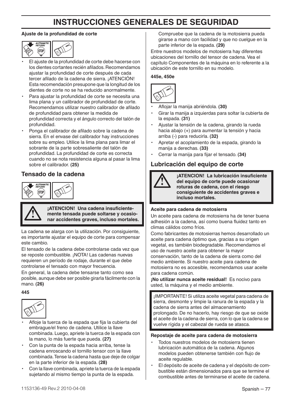 Tensado de la cadena, Lubricación del equipo de corte, Instrucciones generales de seguridad | Husqvarna 1153136-49 User Manual | Page 77 / 100