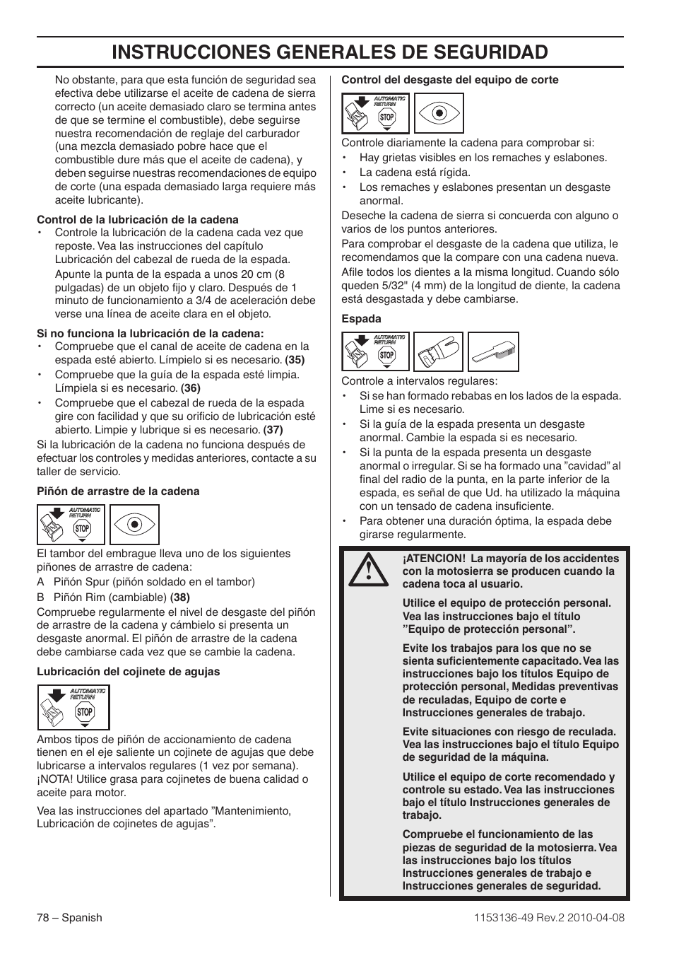 Instrucciones generales de seguridad | Husqvarna 1153136-49 User Manual | Page 78 / 100