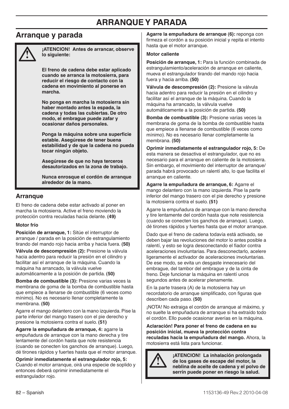 Arranque y parada, Arranque | Husqvarna 1153136-49 User Manual | Page 82 / 100