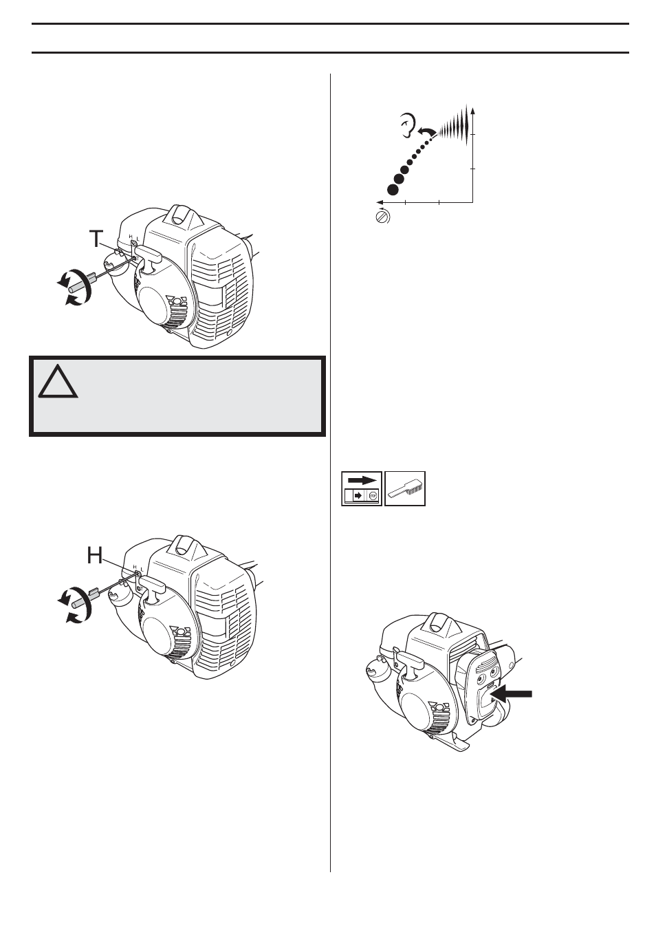 Fine adjustment of the idle speed t, High speed jet h, Correctly adjusted carburettor | Muffler, Maintenance | Husqvarna 335LX User Manual | Page 19 / 36