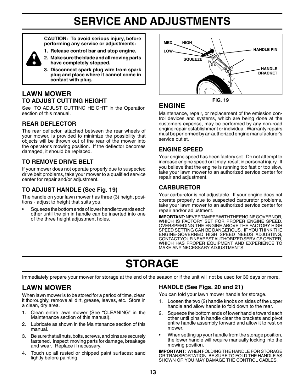 Service and adjustments, Storage, Lawn mower | Engine | Husqvarna 5521BBC User Manual | Page 13 / 16