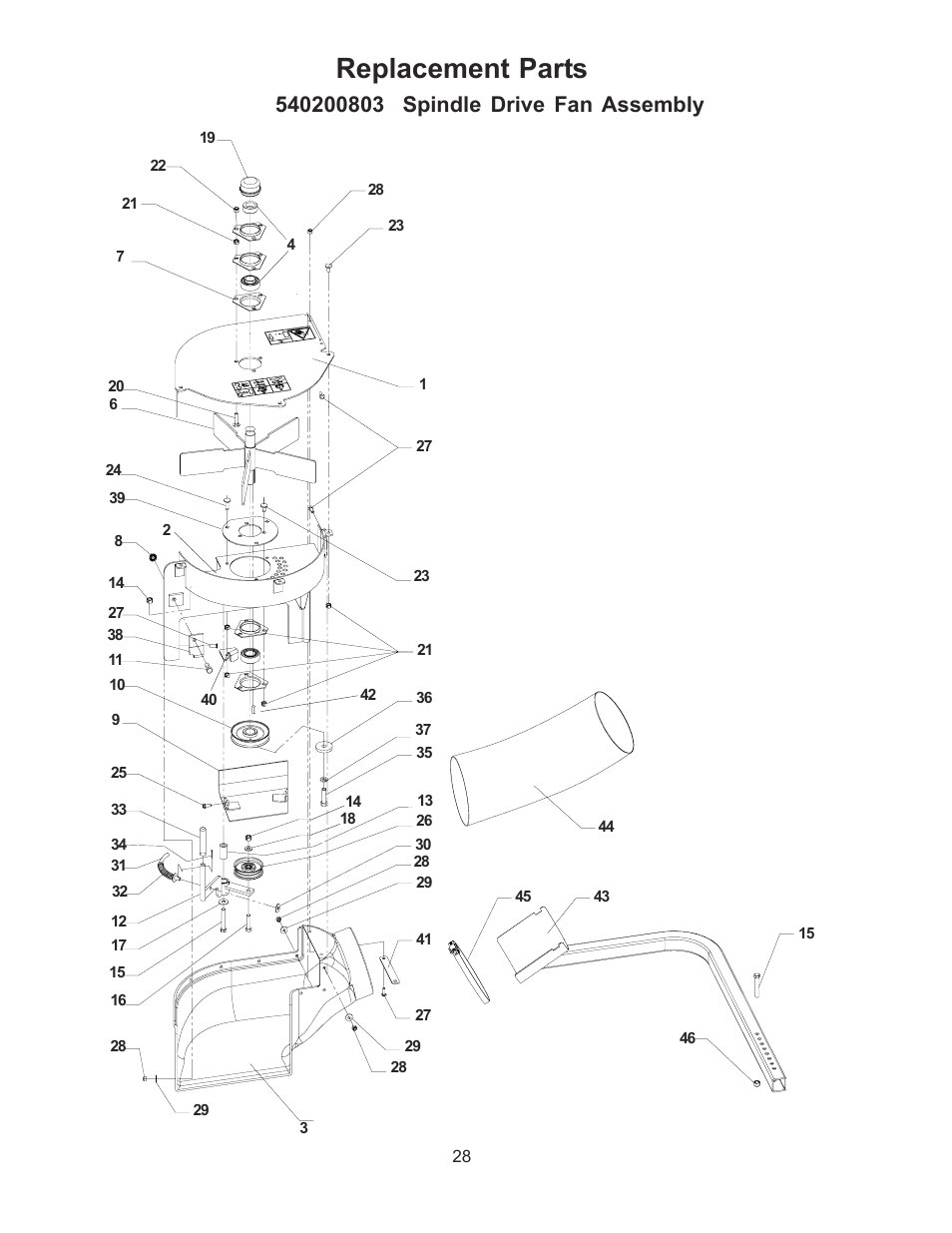 Spindle drive fan assy, Replacement parts | Husqvarna 540200800 User Manual | Page 28 / 30