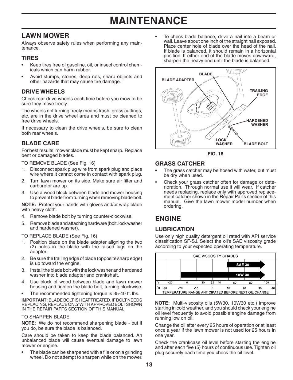 Maintenance, Lawn mower, Engine | Husqvarna 65RSW21HV User Manual | Page 13 / 24