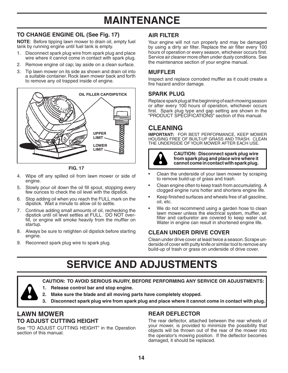 Maintenance, Service and adjustments, Cleaning | Lawn mower | Husqvarna 65RSW21HV User Manual | Page 14 / 24