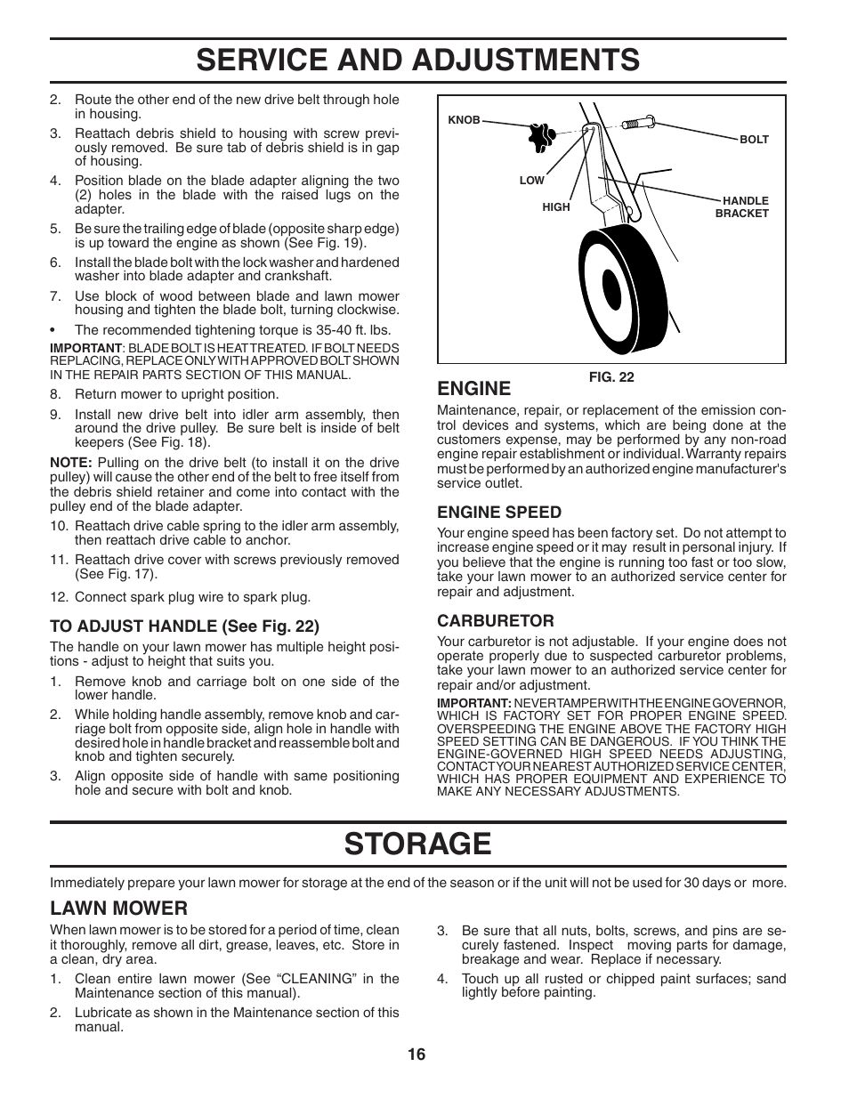 Storage, Service and adjustments, Lawn mower | Engine | Husqvarna 65RSW21HV User Manual | Page 16 / 24