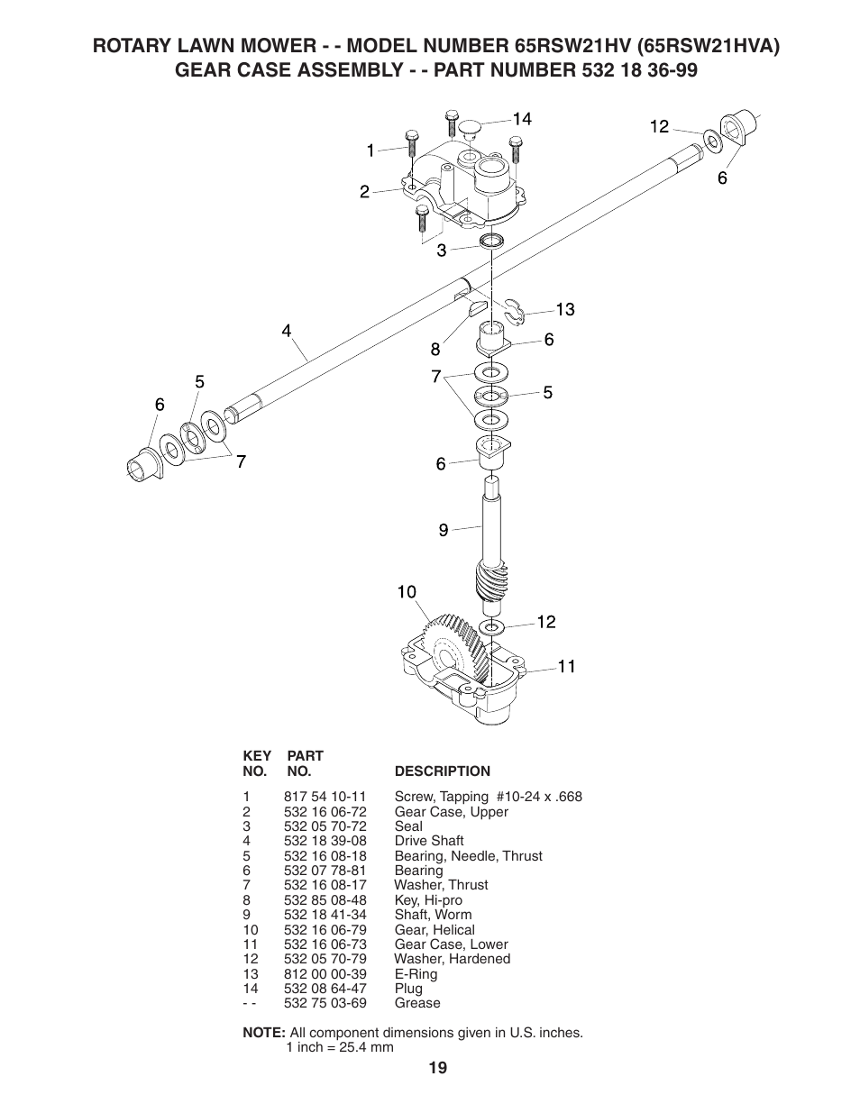 Repair parts, Gear case assy | Husqvarna 65RSW21HV User Manual | Page 19 / 24