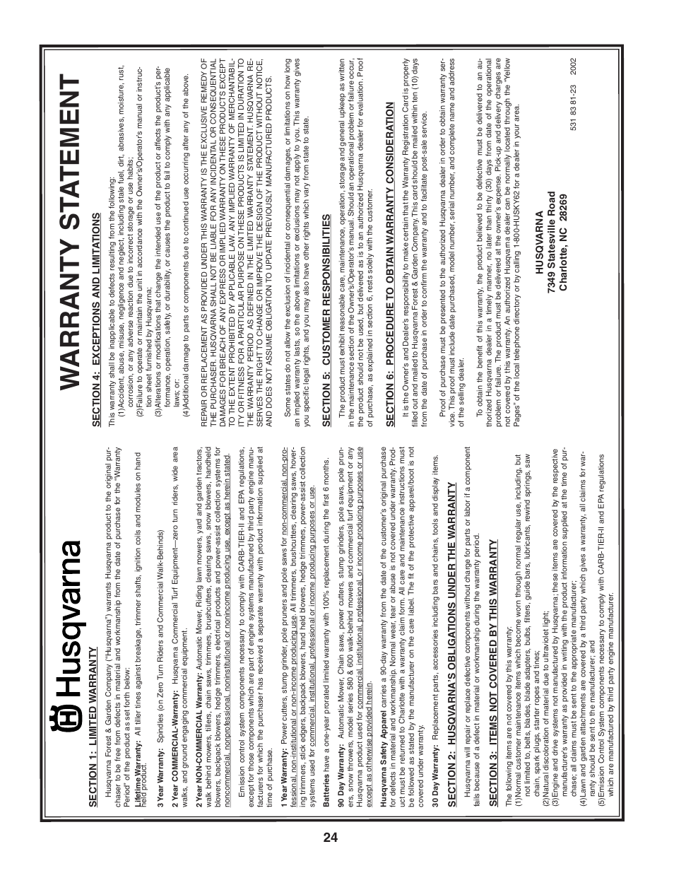 Warranty st a tement | Husqvarna 65RSW21HV User Manual | Page 24 / 24