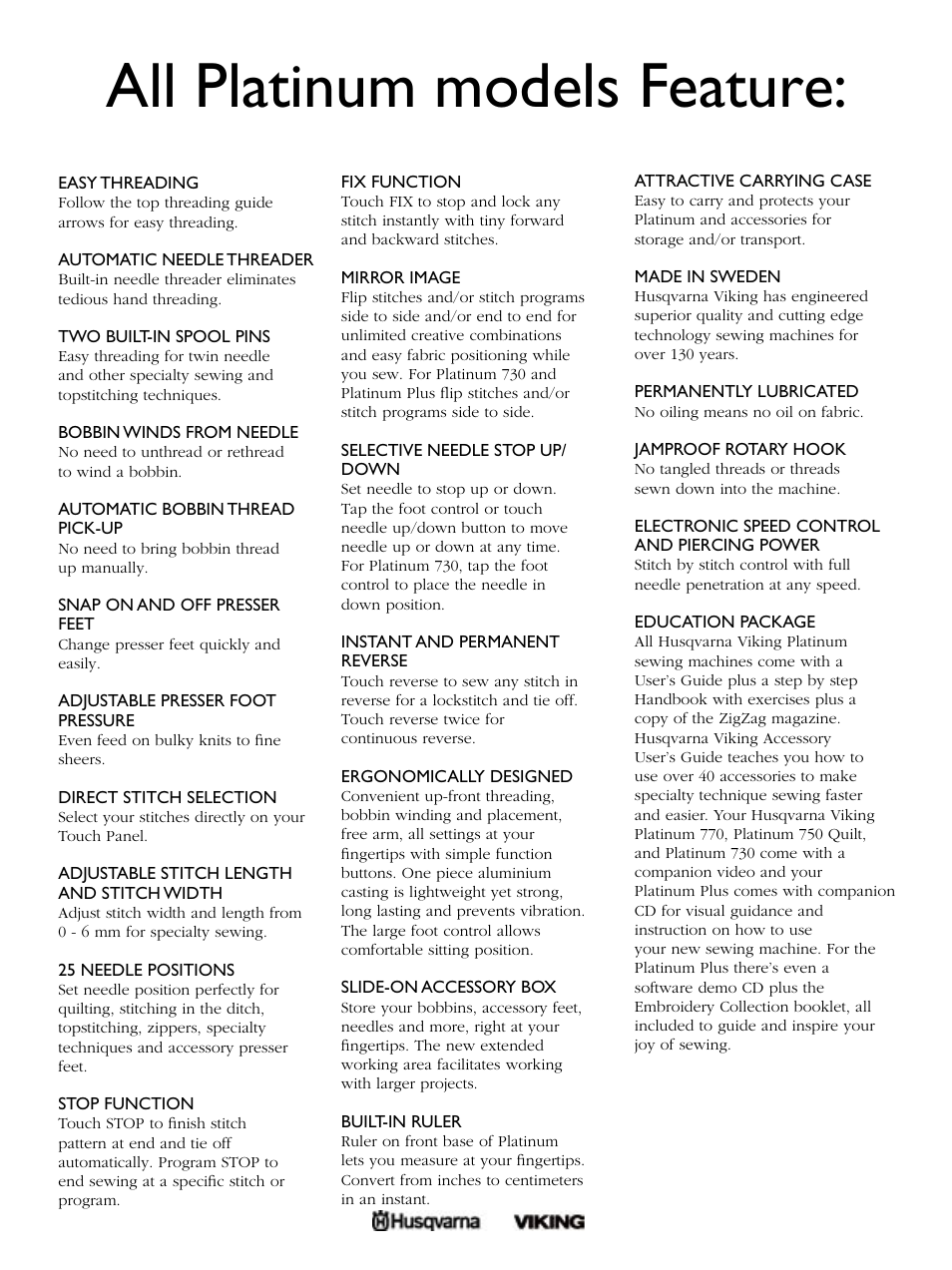 All platinum models feature | Husqvarna PLATINUM PLUS User Manual | Page 2 / 4