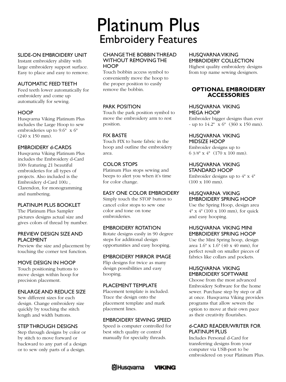 Platinum plus, Embroidery features | Husqvarna PLATINUM PLUS User Manual | Page 3 / 4