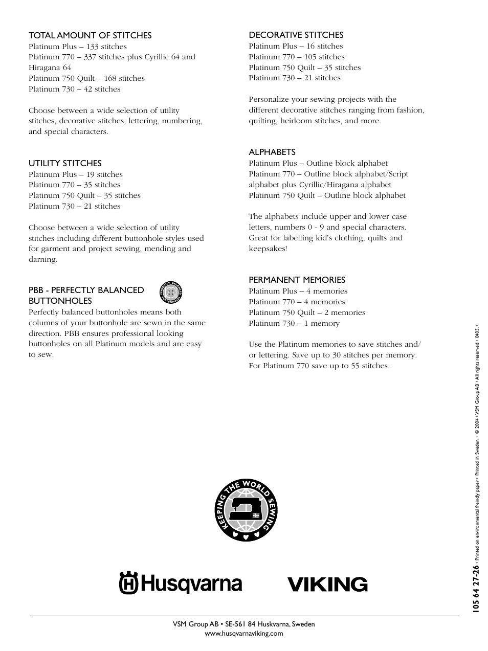 Total amount of stitches, Utility stitches, Pbb - perfectly balanced buttonholes | Decorative stitches, Alphabets | Husqvarna PLATINUM PLUS User Manual | Page 4 / 4
