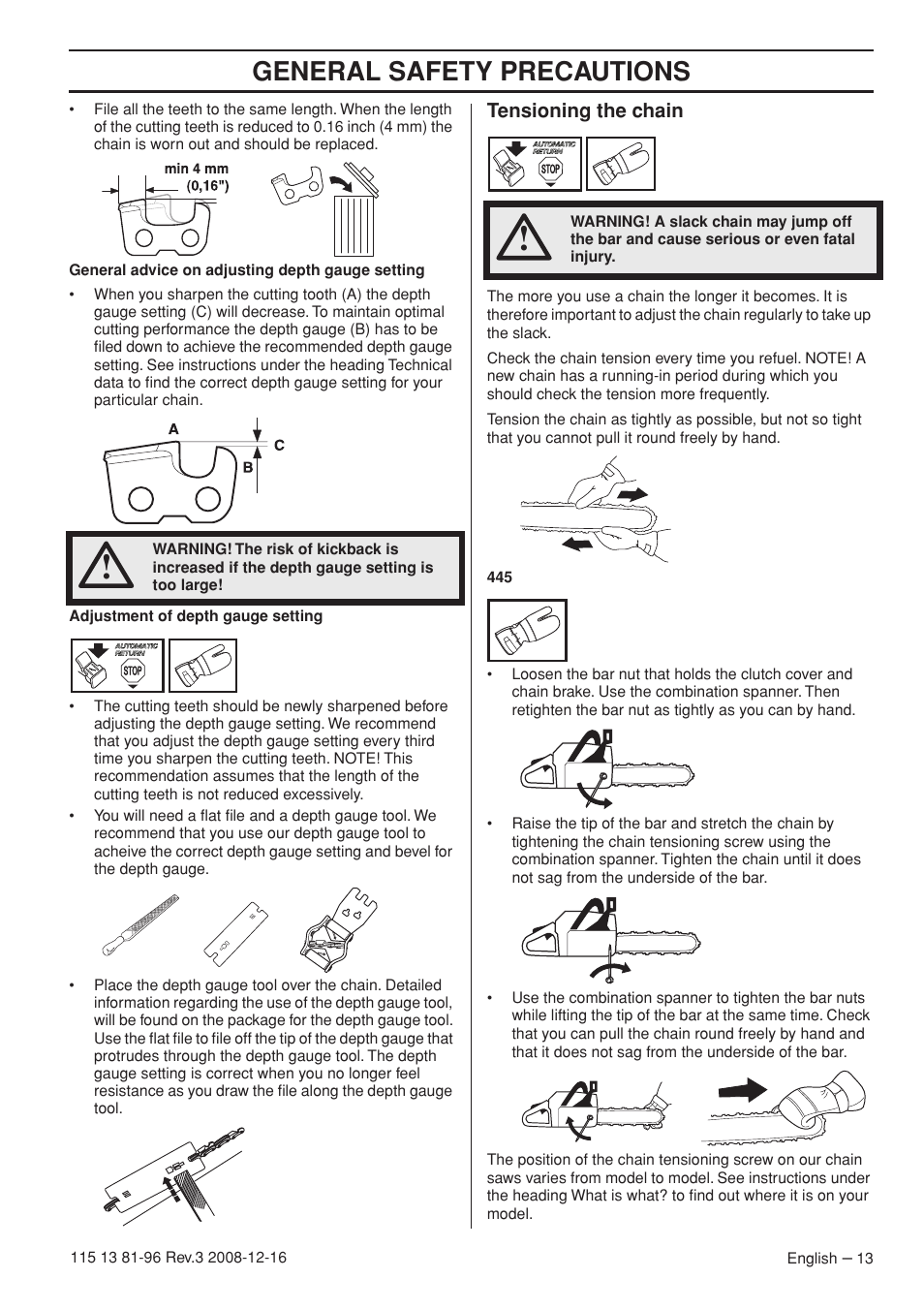 Tensioning the chain, General safety precautions | Husqvarna 445e EPA III User Manual | Page 13 / 88