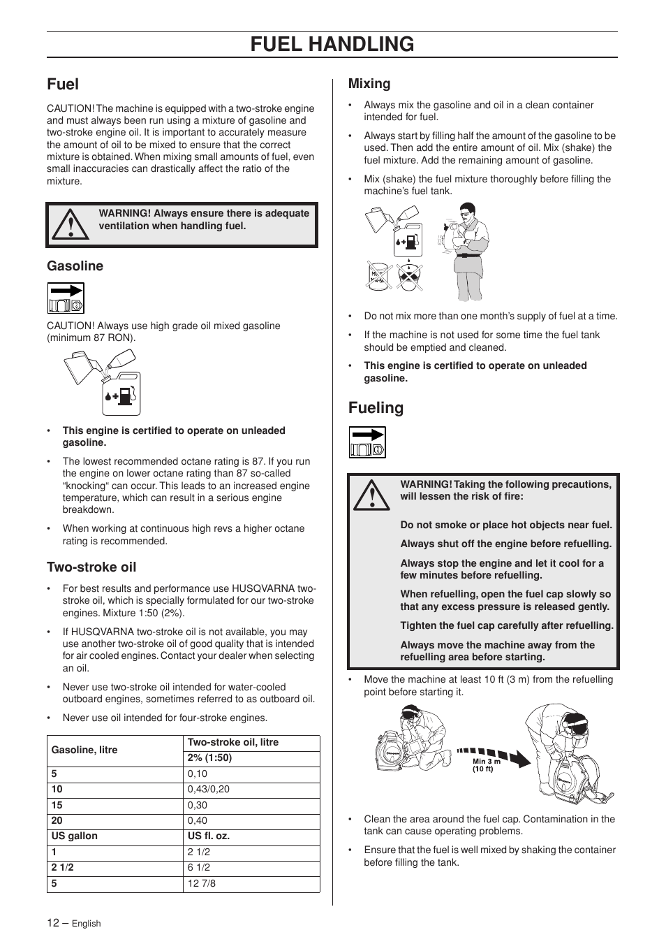 Fuel, Gasoline, Two-stroke oil | Mixing, Fueling, Fuel handling | Husqvarna 356BFX User Manual | Page 12 / 24