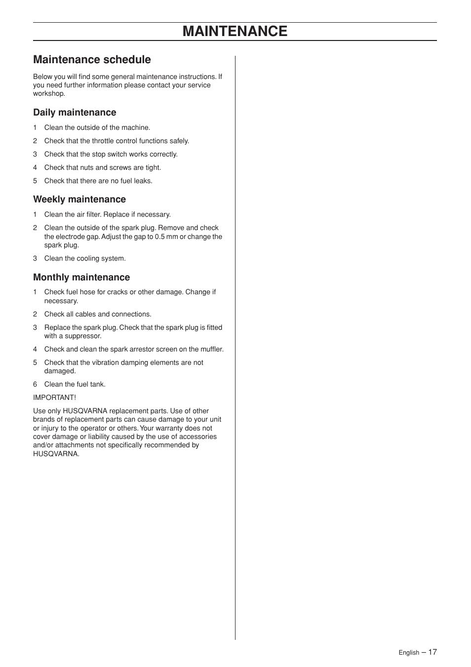 Maintenance schedule, Daily maintenance, Weekly maintenance | Monthly maintenance, Maintenance | Husqvarna 356BFX User Manual | Page 17 / 24