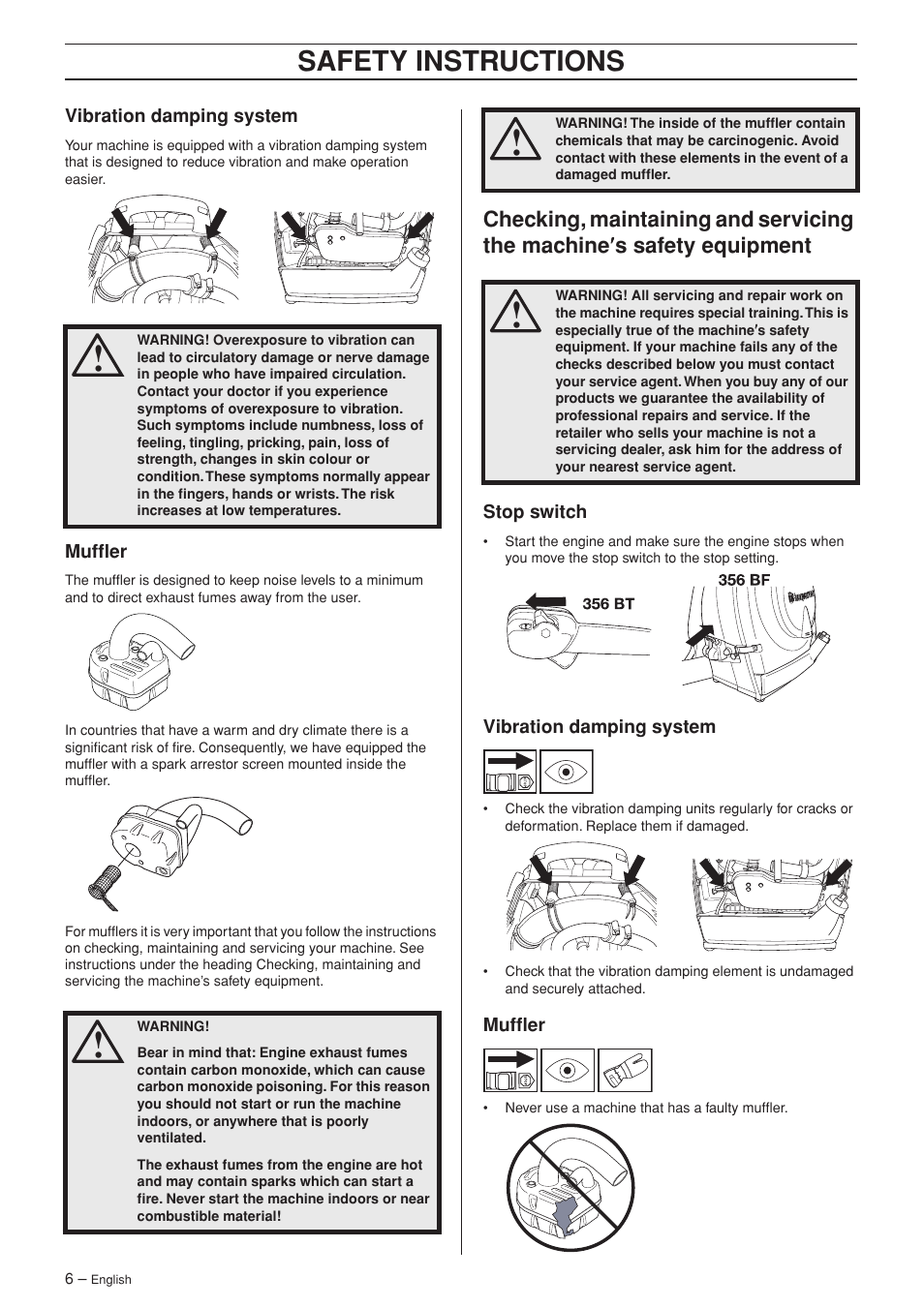 Vibration damping system, Muffler, Stop switch | Safety instr uctions | Husqvarna 356BFX User Manual | Page 6 / 24