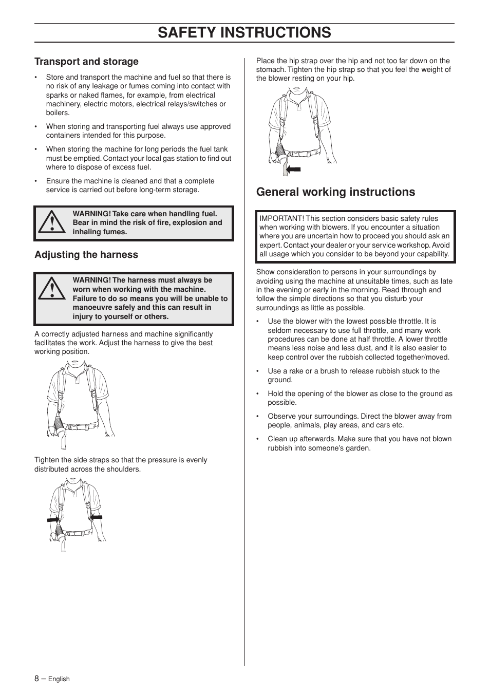 Transport and storage, Adjusting the harness, General working instructions | Safety instructions | Husqvarna 356BFX User Manual | Page 8 / 24
