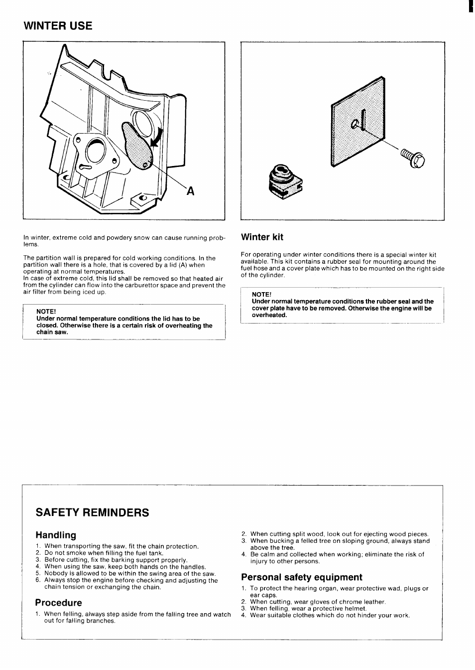 Winter use, Winter kit, Safety reminders | Handling, Procedure, Personal safety equipment | Husqvarna 50 Rancher User Manual | Page 7 / 8