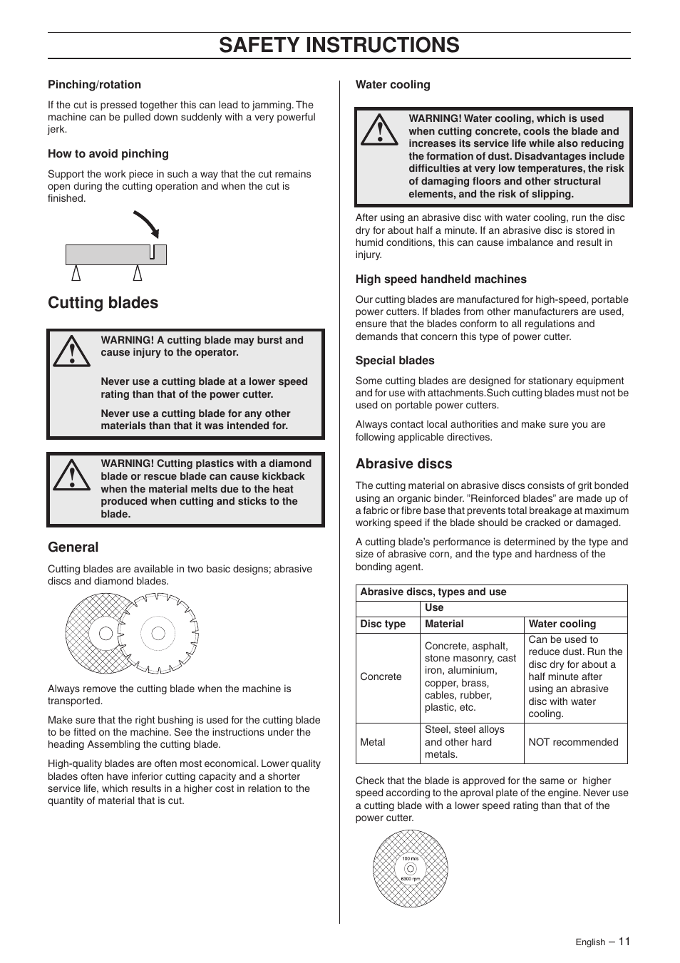 Cutting blades, General, Abrasive discs | Safety instructions | Husqvarna K950 User Manual | Page 11 / 24