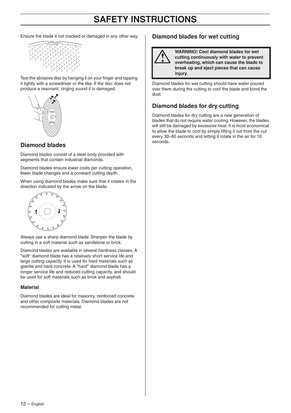 Diamond blades, Diamond blades for wet cutting, Diamond blades for dry cutting | Safety instructions | Husqvarna K950 User Manual | Page 12 / 24