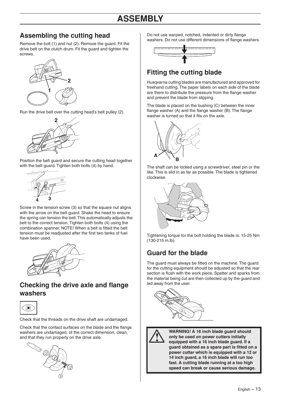 Assembling the cutting head, Checking the drive axle and flange washers, Fitting the cutting blade | Guard for the blade, Assembly | Husqvarna K950 User Manual | Page 13 / 24