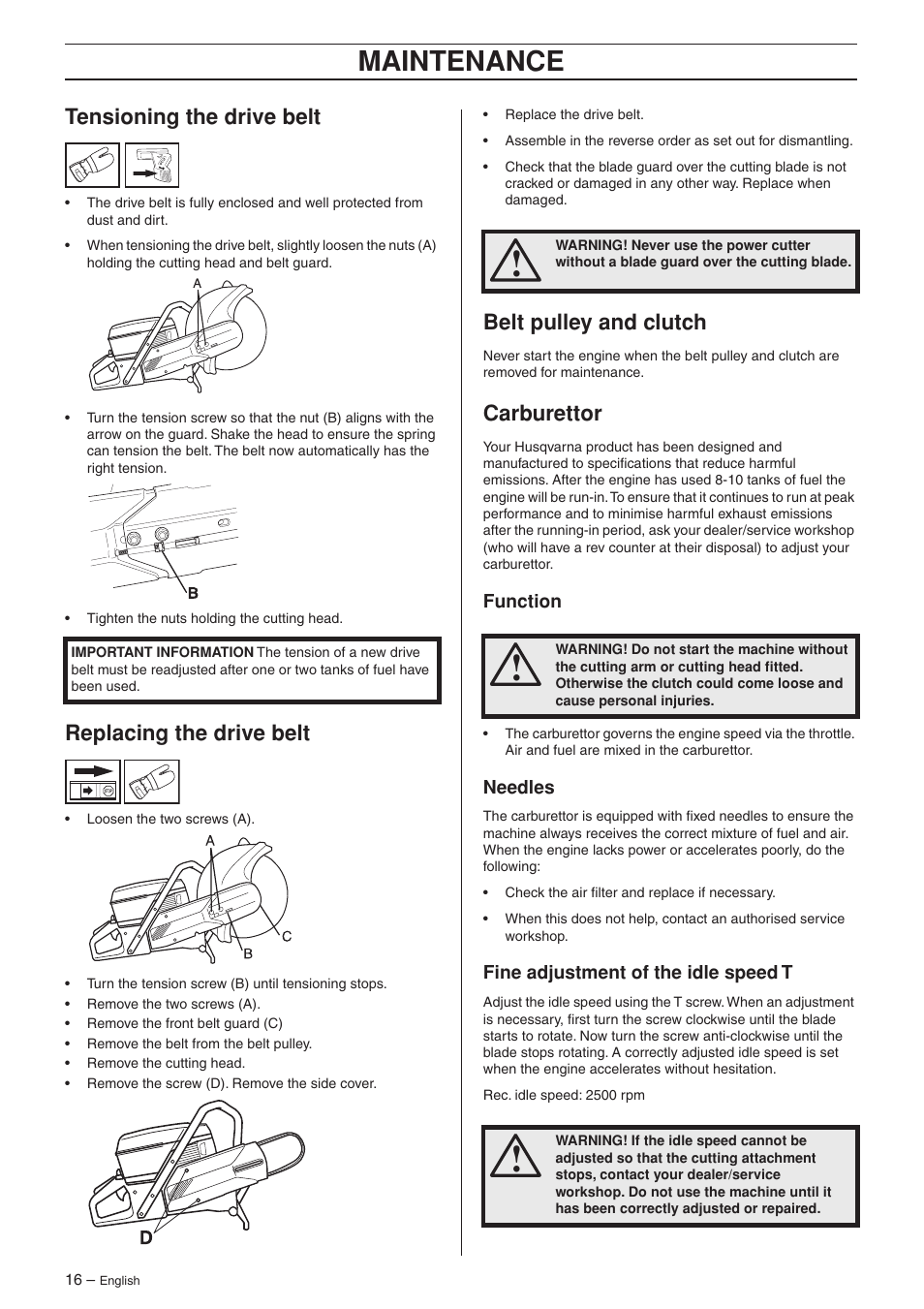 Tensioning the drive belt, Replacing the drive belt, Belt pulley and clutch | Carburettor, Function, Needles, Fine adjustment of the idle speed t, Maintenance | Husqvarna K950 User Manual | Page 16 / 24