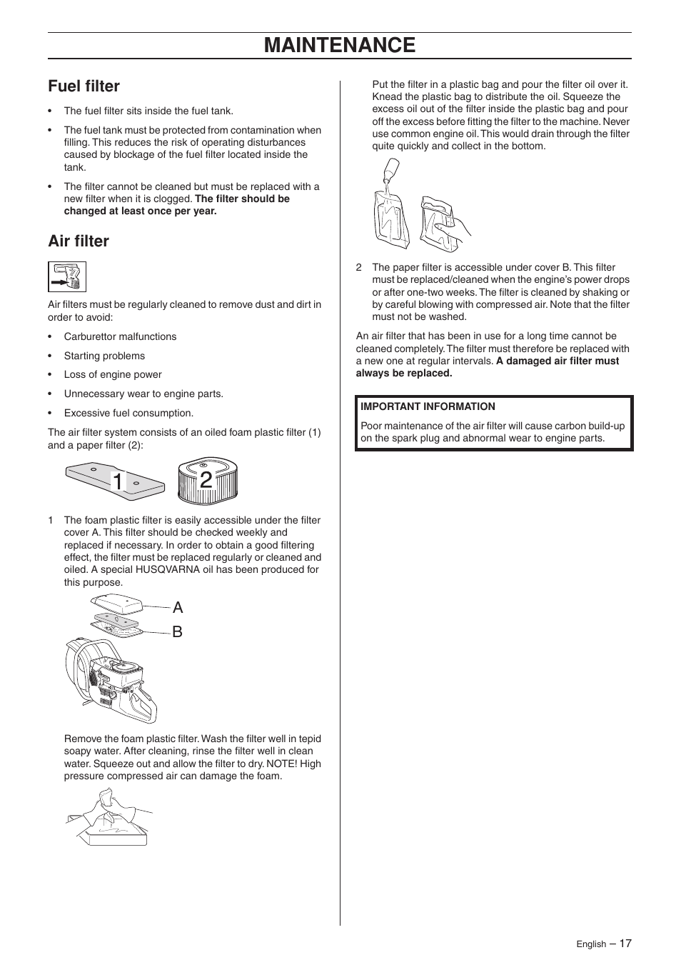 Fuel filter, Air filter, Maintenance | Husqvarna K950 User Manual | Page 17 / 24