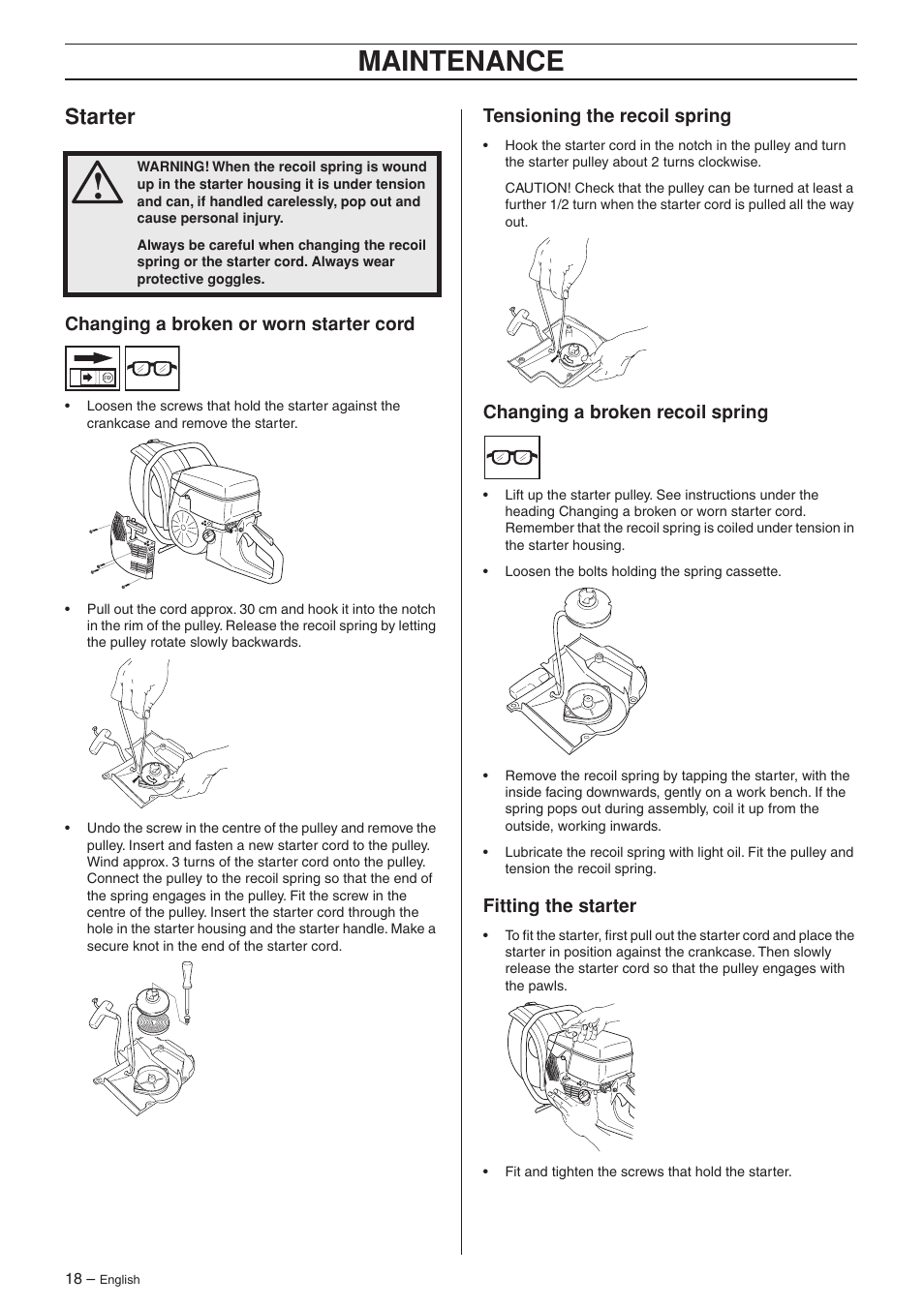 Starter, Changing a broken or worn starter cord, Tensioning the recoil spring | Changing a broken recoil spring, Fitting the starter, Maintenance | Husqvarna K950 User Manual | Page 18 / 24
