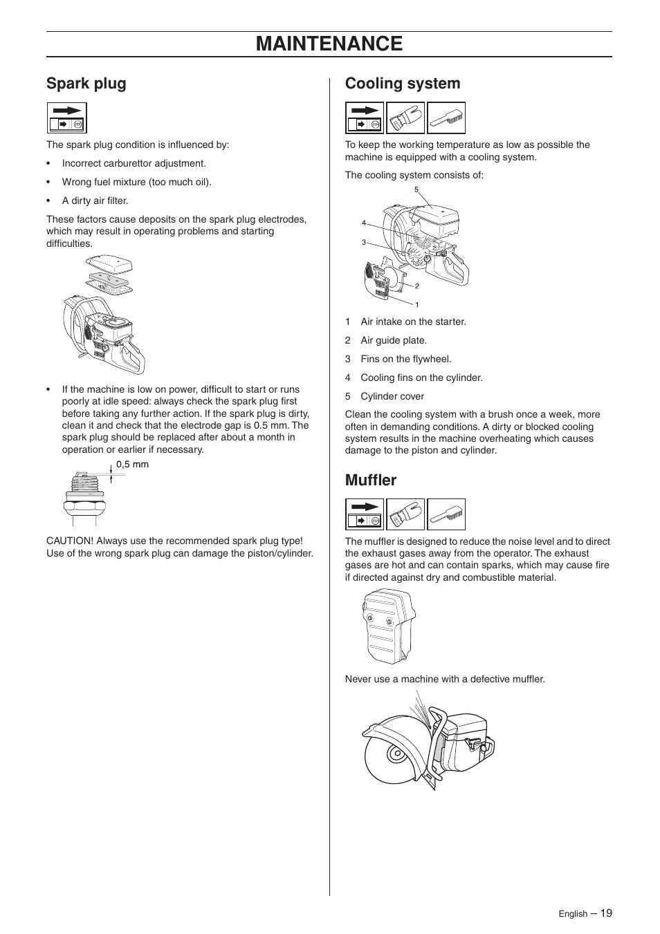 Spark plug, Cooling system, Muffler | Maintenance | Husqvarna K950 User Manual | Page 19 / 24