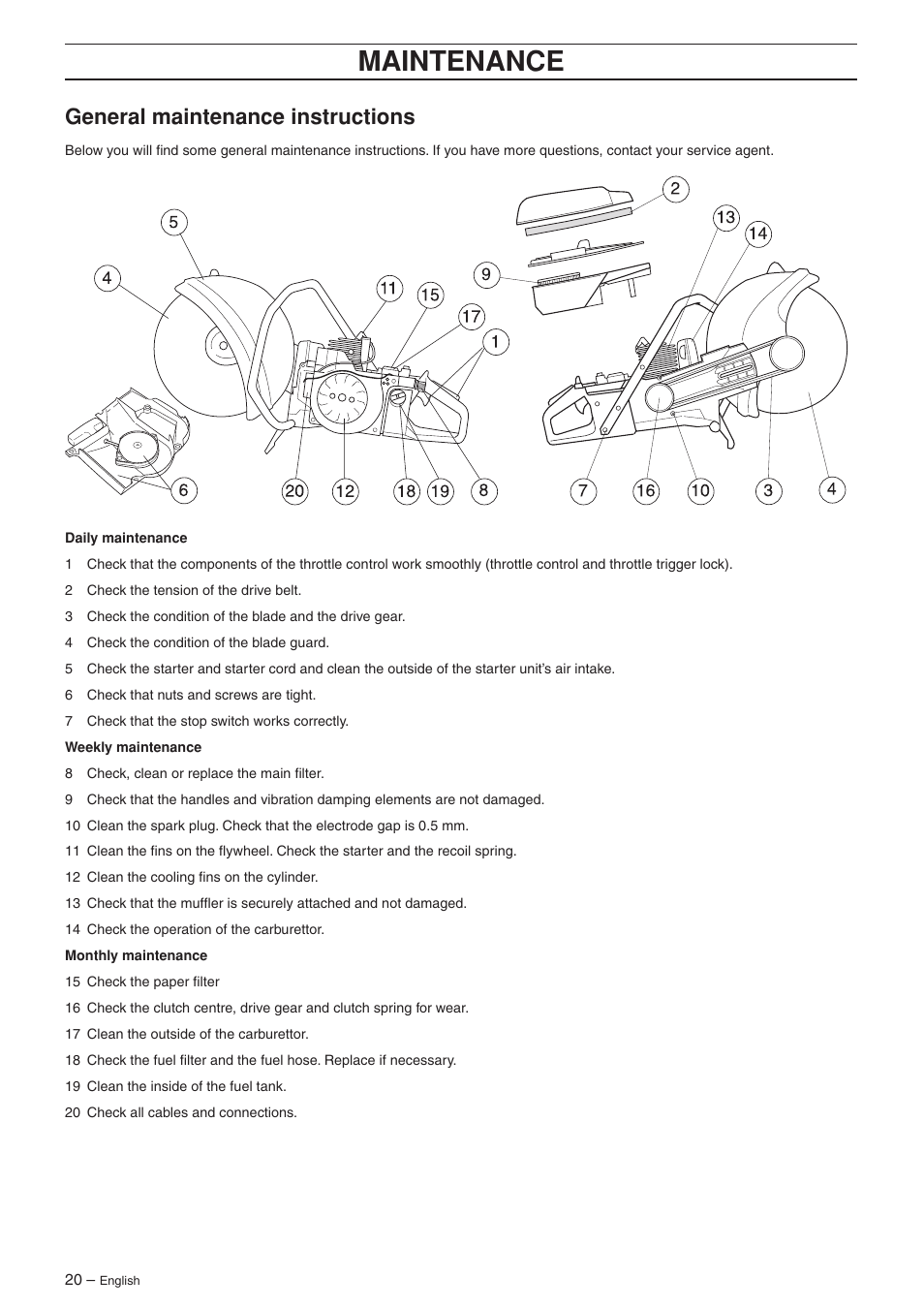 General maintenance instructions, Maintenance | Husqvarna K950 User Manual | Page 20 / 24