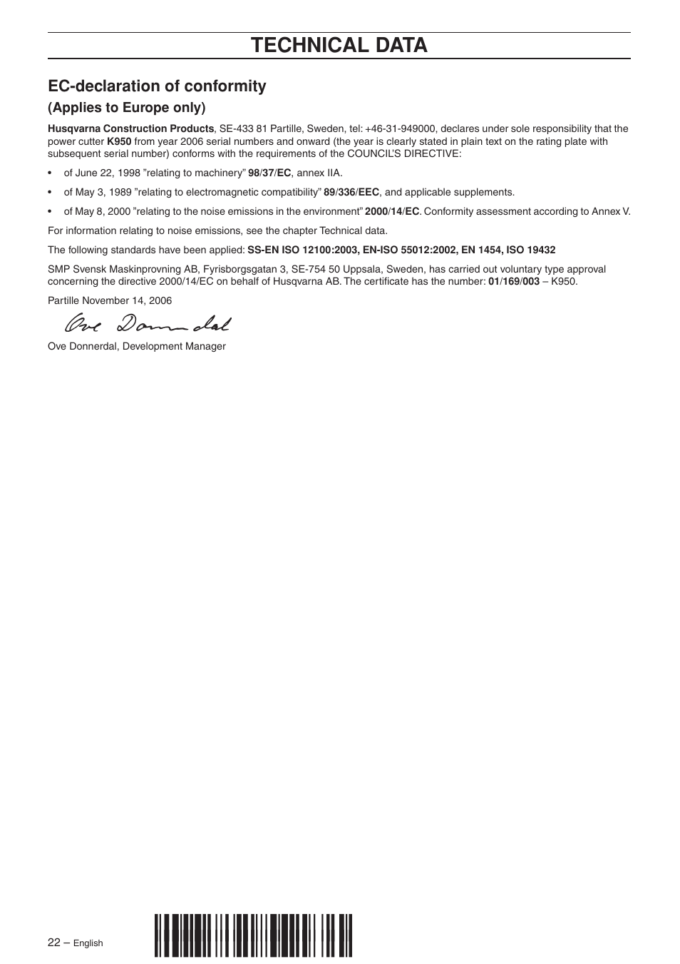 Ec-declaration of conformity, Applies to europe only), Z+r<r¶6d | Technical data | Husqvarna K950 User Manual | Page 22 / 24