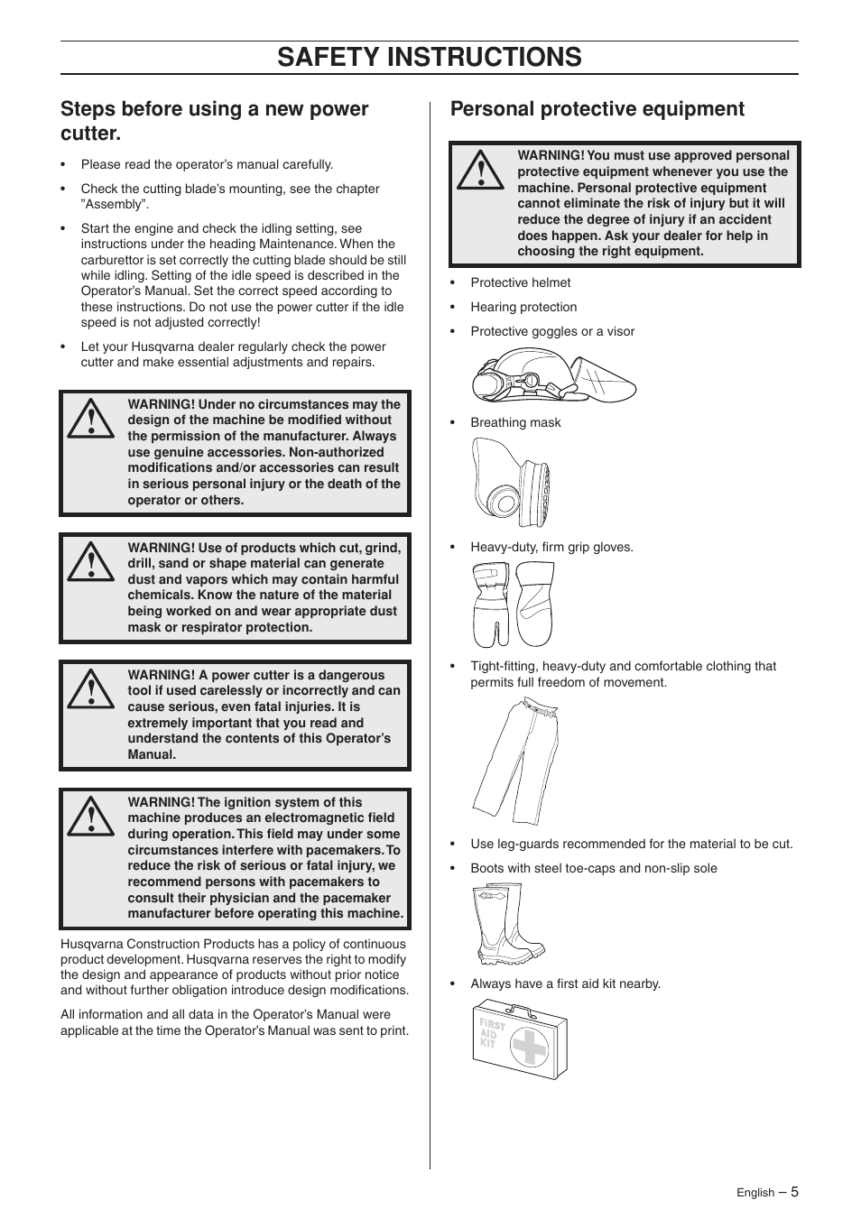 Steps before using a new power cutter, Personal protective equipment, Safety instr uctions | Steps bef ore using a new power cutter, P ersonal protective equipment | Husqvarna K950 User Manual | Page 5 / 24