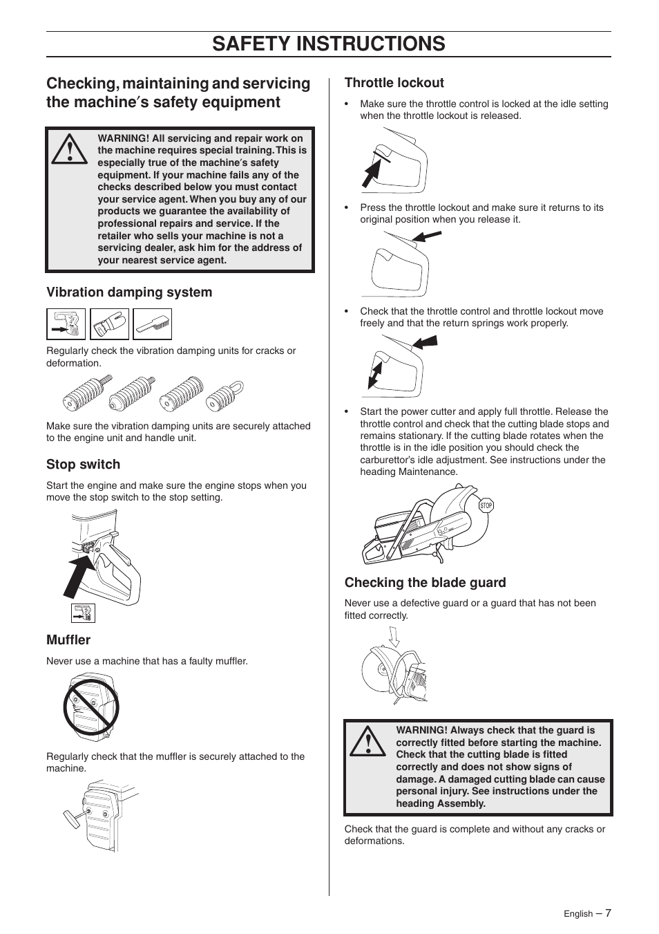 Vibration damping system, Stop switch, Muffler | Throttle lockout, Checking the blade guard, Safety instructions | Husqvarna K950 User Manual | Page 7 / 24