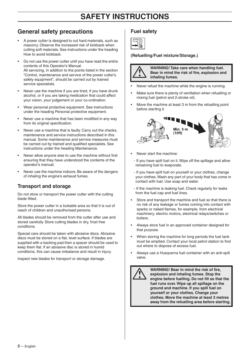 General safety precautions, Transport and storage, Fuel safety | Safety instructions | Husqvarna K950 User Manual | Page 8 / 24