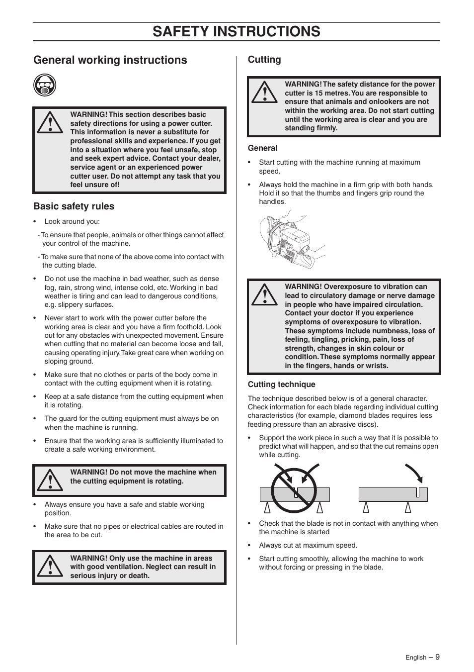 General working instructions, Basic safety rules, Cutting | Safety instructions | Husqvarna K950 User Manual | Page 9 / 24