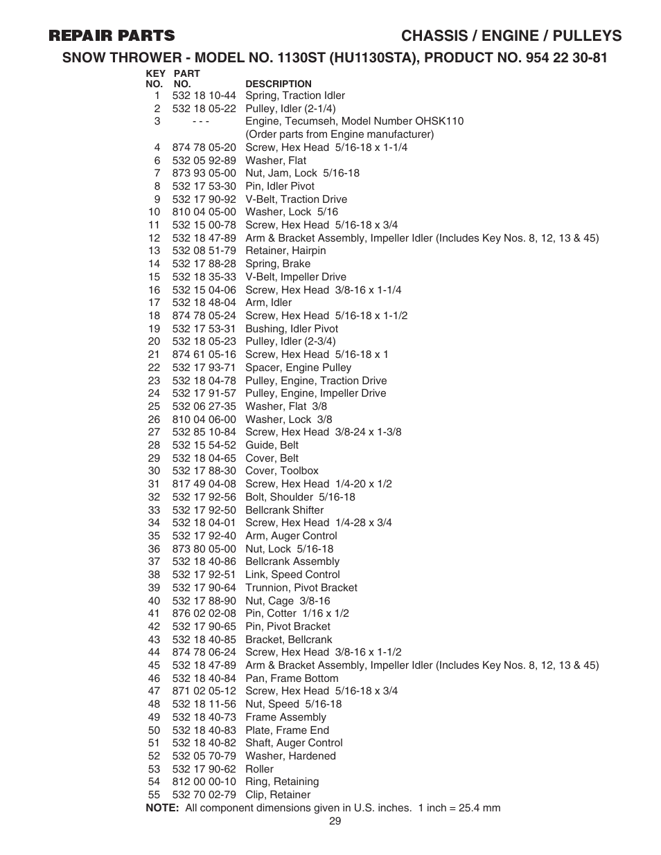 Parts list, Repair parts chassis / engine / pulleys | Husqvarna 1130ST User Manual | Page 29 / 32