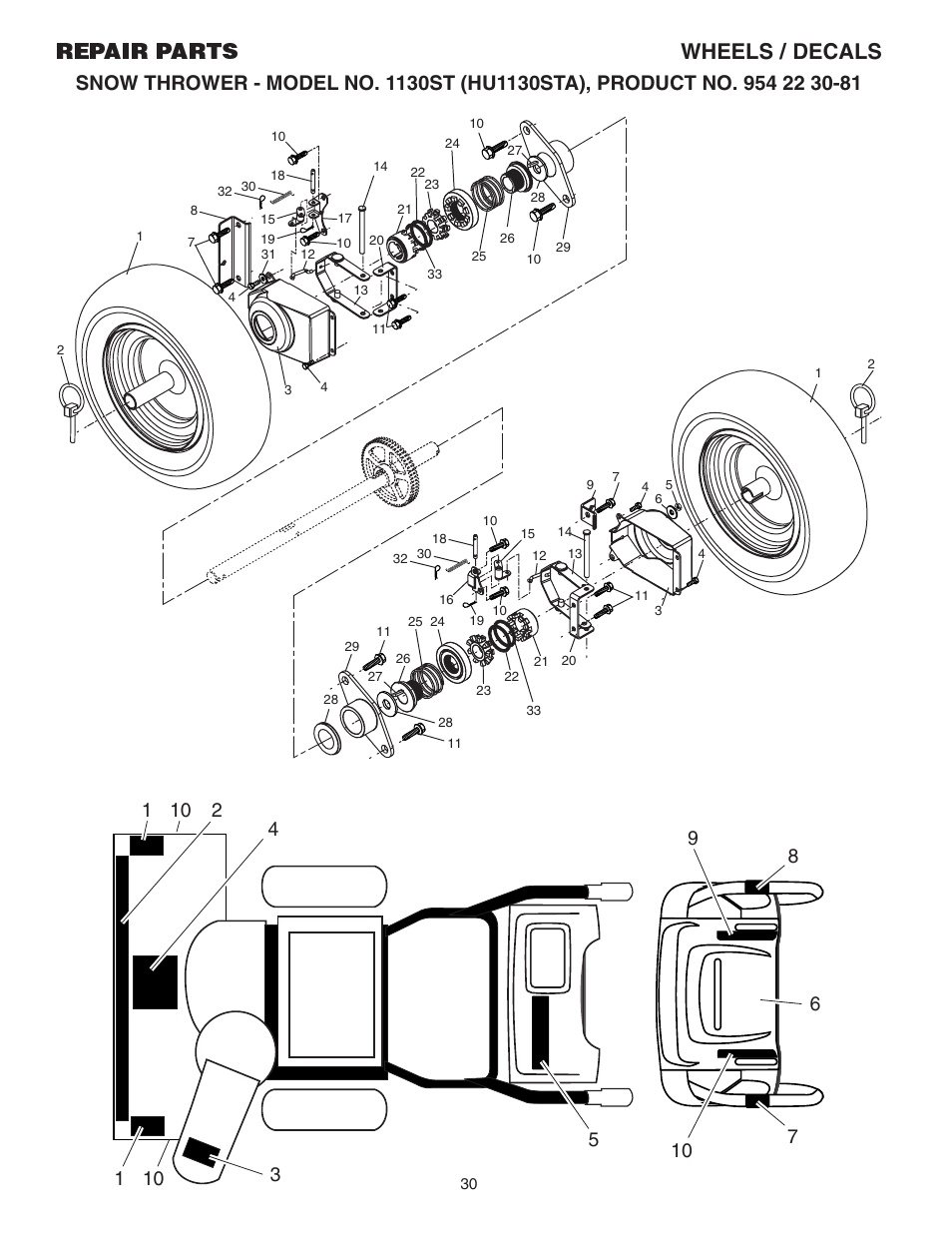 Wheels/ decals, Repair parts wheels / decals | Husqvarna 1130ST User Manual | Page 30 / 32