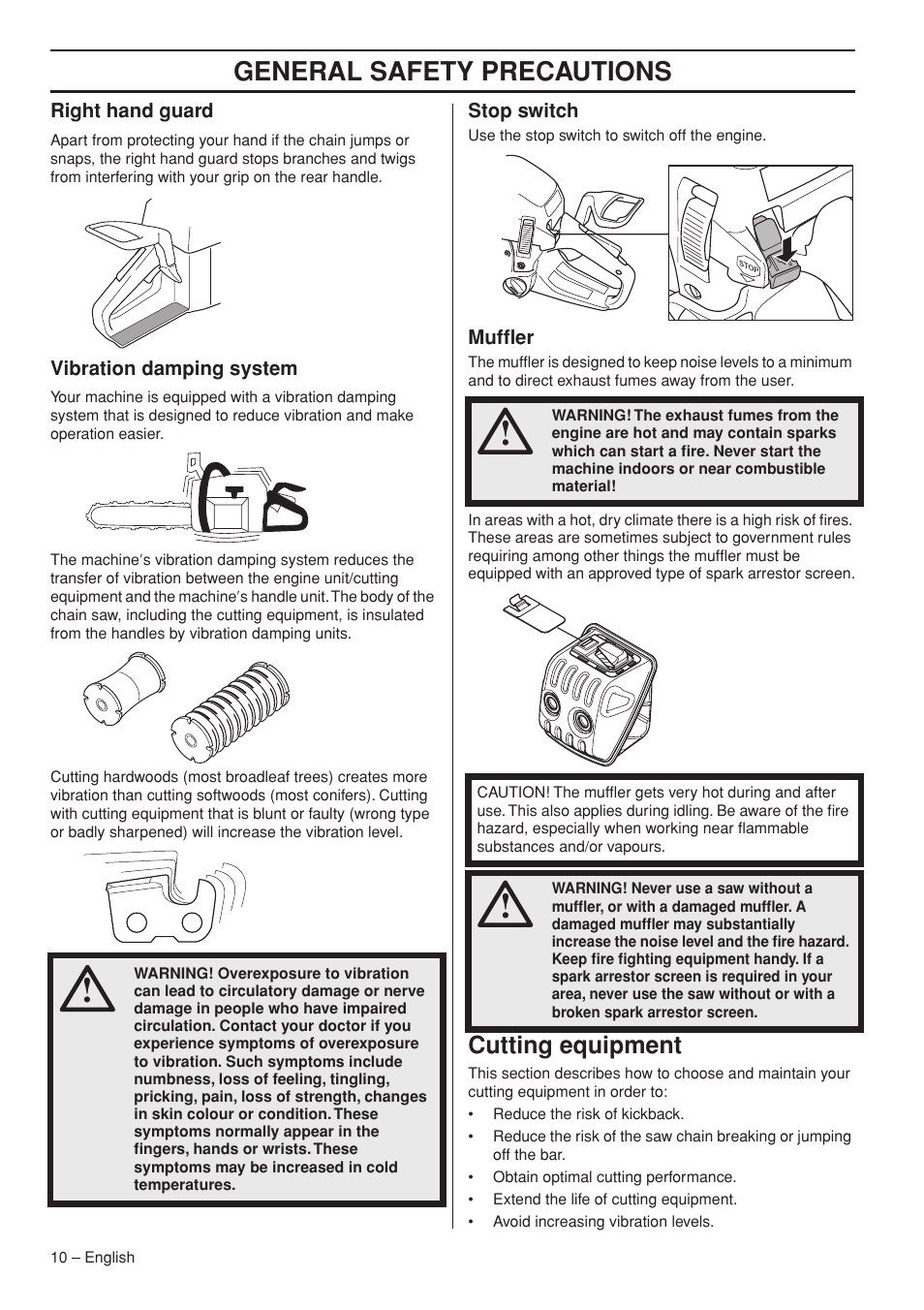 Right hand guard, Vibration damping system, Stop switch | Muffler, Cutting equipment, General safety precautions | Husqvarna 445e TrioBrake User Manual | Page 10 / 44