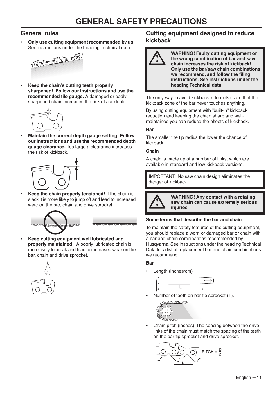 General rules, Cutting equipment designed to reduce kickback, General safety precautions | Husqvarna 445e TrioBrake User Manual | Page 11 / 44