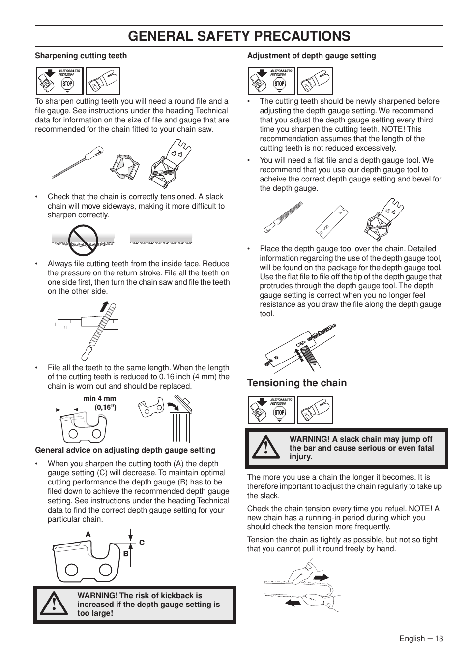 Tensioning the chain, General safety precautions | Husqvarna 445e TrioBrake User Manual | Page 13 / 44