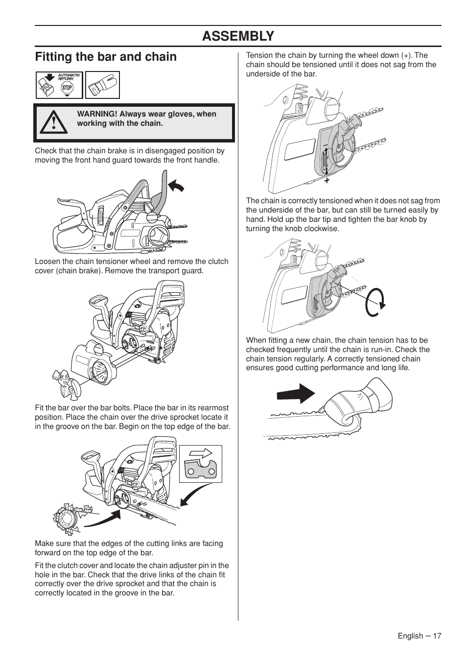 Fitting the bar and chain, Assembly | Husqvarna 445e TrioBrake User Manual | Page 17 / 44