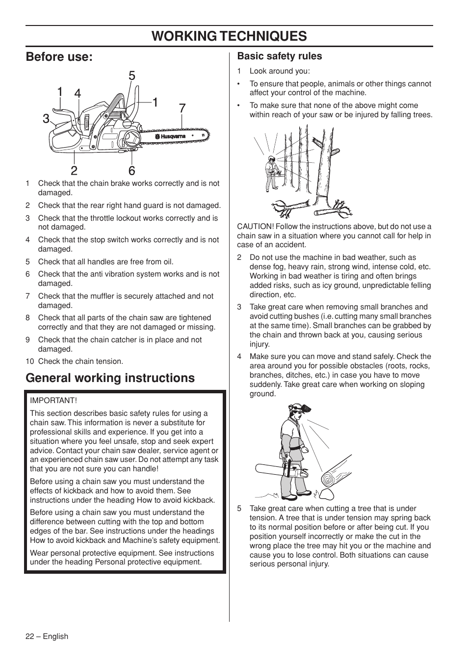 Before use, General working instructions, Basic safety rules | Working techniques | Husqvarna 445e TrioBrake User Manual | Page 22 / 44